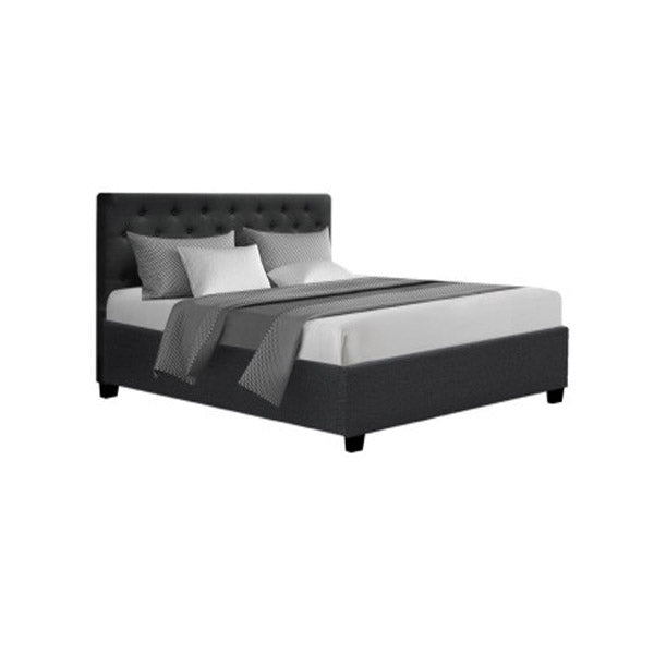 Vila Bed Frame Fabric Gas Lift Storage Charcoal Queen