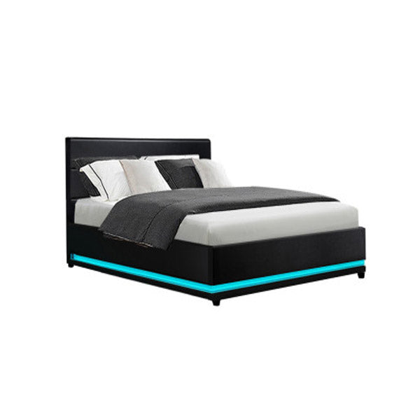 Lumi Led Bed Frame Pu Leather Gas Lift Storage Double Size