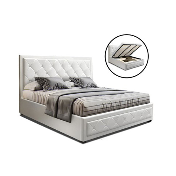 Tiyo Queen Size Gas Lift Bed Frame With Storage Mattress White Leather