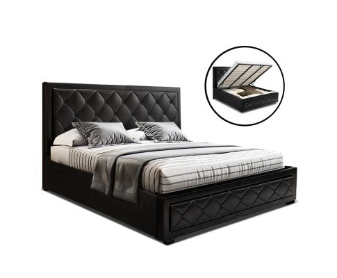 Tiyo King Size Gas Lift Bed Frame With Storage Mattress Black Leather