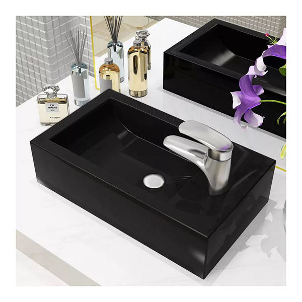 Basin With Faucet Hole Rectangular Ceramic Black