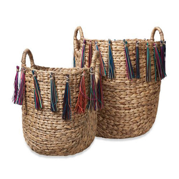 2 Piece Woven Basket Set Natural With Multicolour Fringe
