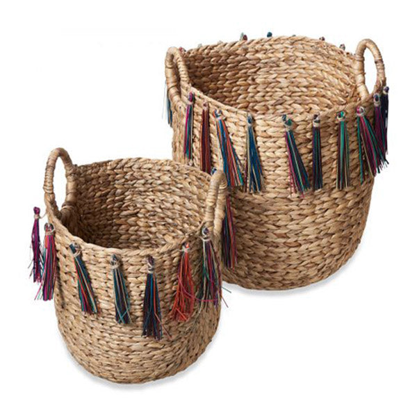 2 Piece Woven Basket Set Natural With Multicolour Fringe