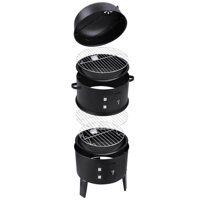 3 in 1 Charcoal Vertical Smoker BBQ Grill Roaster Portable Outdoor Steel Steamer
