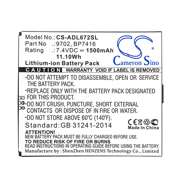 Cameron Sino Adl672Sl 1500Mah Battery Additel Survey Test Equipment