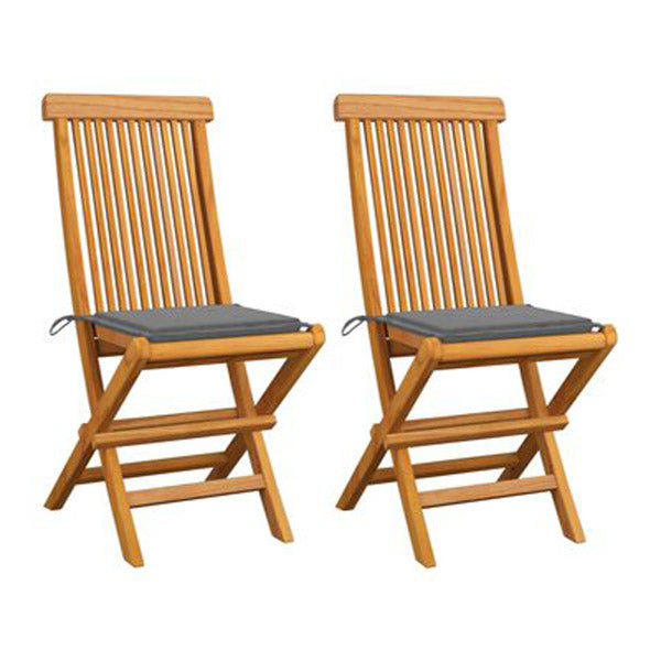 Garden Chairs Solid Teak Wood 2 Pcs With Grey Cushions
