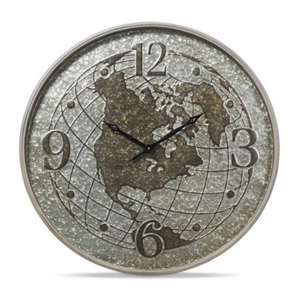 World Globe Metal Clock Silver 80Cm