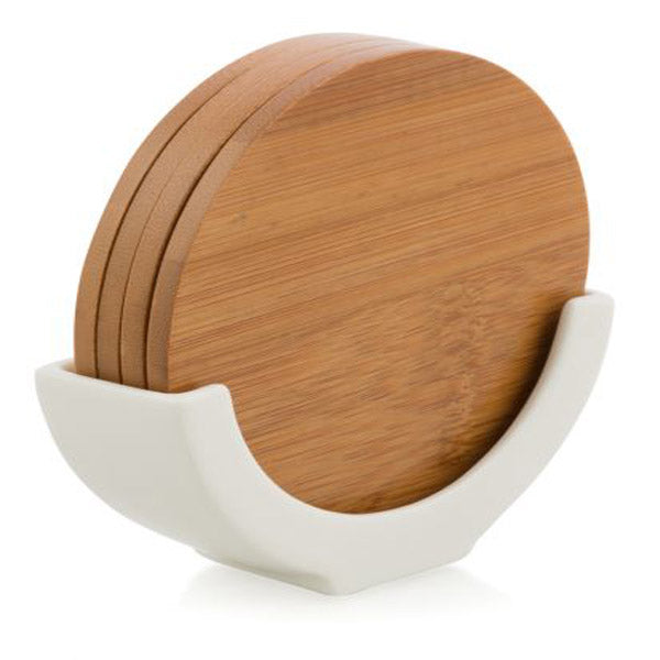 Set Of 4 Bamboo Coasters Natural With Porcelain Stand White