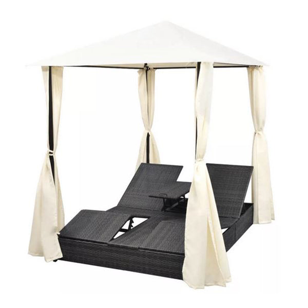 Double Sun Lounger with Curtains Poly Rattan