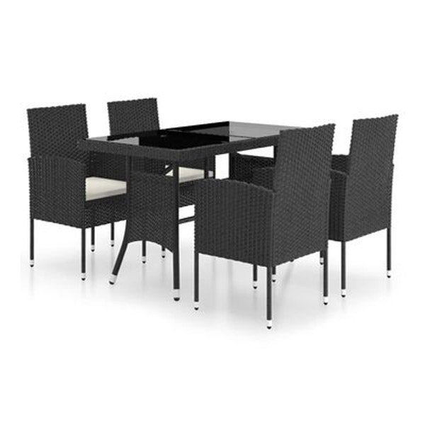 5 Piece Garden Dining Set With Cream White Cushions Poly Rattan Black