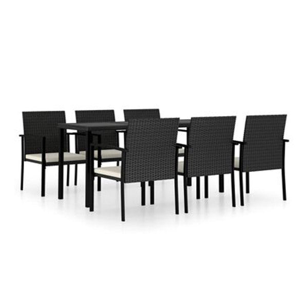 7 Piece Garden Dining Set With Cream Cushions Black Poly Rattan