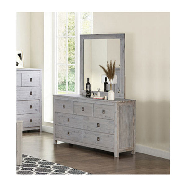 Dresser With 7 Storage Drawers In Solid Acacia And Veneer With Mirror