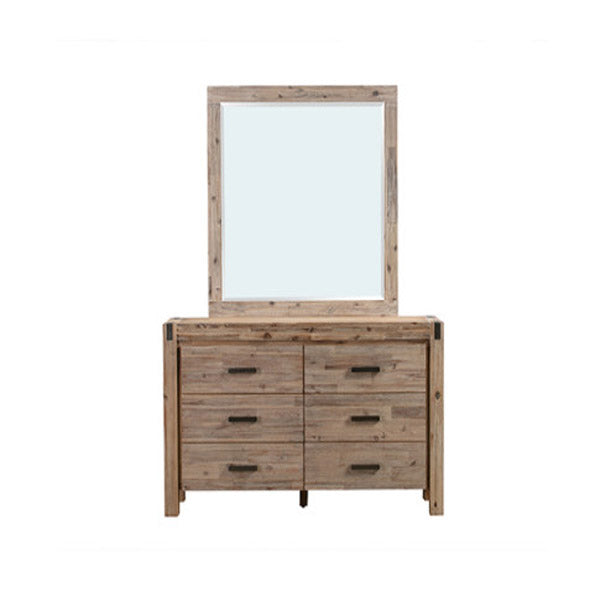 Dresser With 6 Storage Drawers In Solid Acacia And Veneer With Mirror