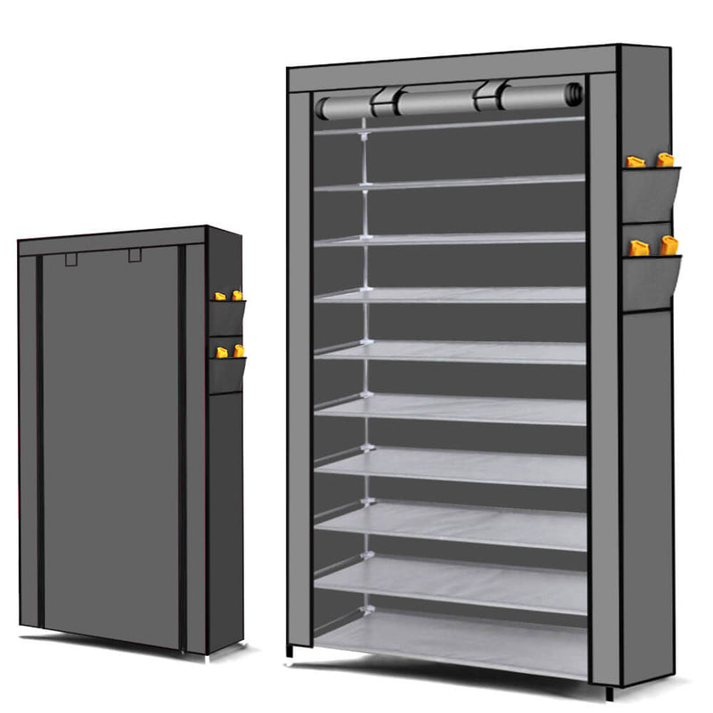 Levede 10 Tier Shoe Rack Portable Storage Cabinet Organiser Wardrobe Grey Cover
