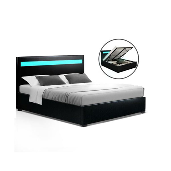 Led Bed Frame Gas Lift Base With Storage Black Leather