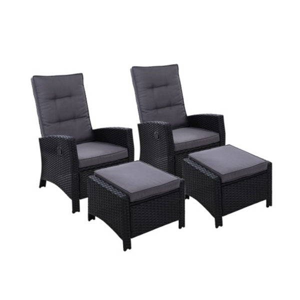 2 Pc Sun Lounge Recliner Chair Wicker Outdoor Furniture Garden Black