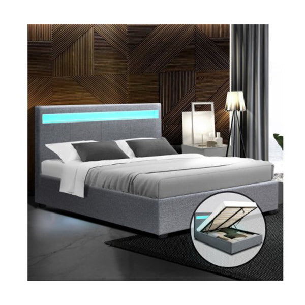 Led Bed Frame Queen Size Gas Lift Base With Storage Grey Fabric Cole
