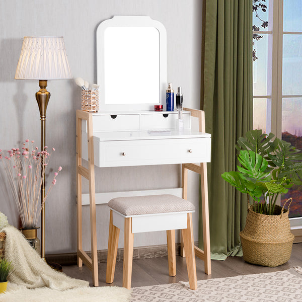 Makeup Vanity Table Set with 3 Drawers Cushioned Stool