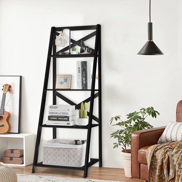Modern 4 Tier Ladder Shelf with Cross Bar for Home and Office Black