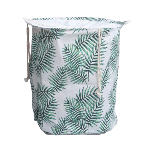 Laundry Basket Round Foldable with Cover Green Leaves Design