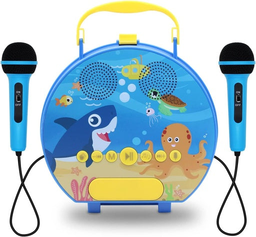 Kids Portable Karaoke with Two Microphones Round Blue Shark