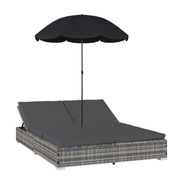 Outdoor Lounge Bed With Umbrella Poly Rattan Grey