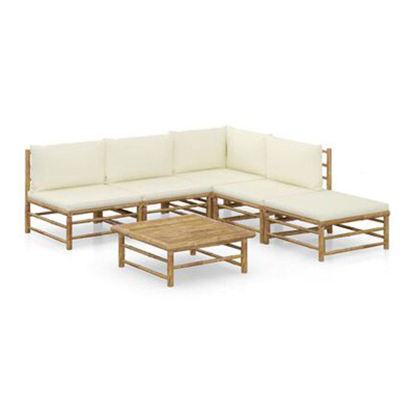 6 Piece Garden Lounge Set Bamboo With Cream White Cushions