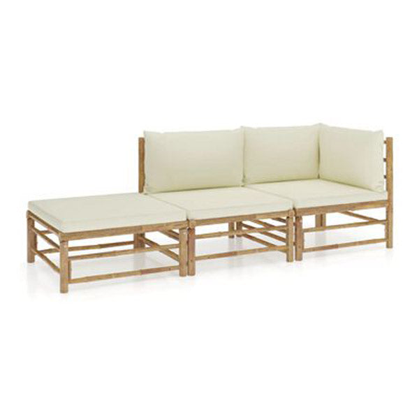 3 Piece Garden Lounge Set With Cream White Cushions Bamboo