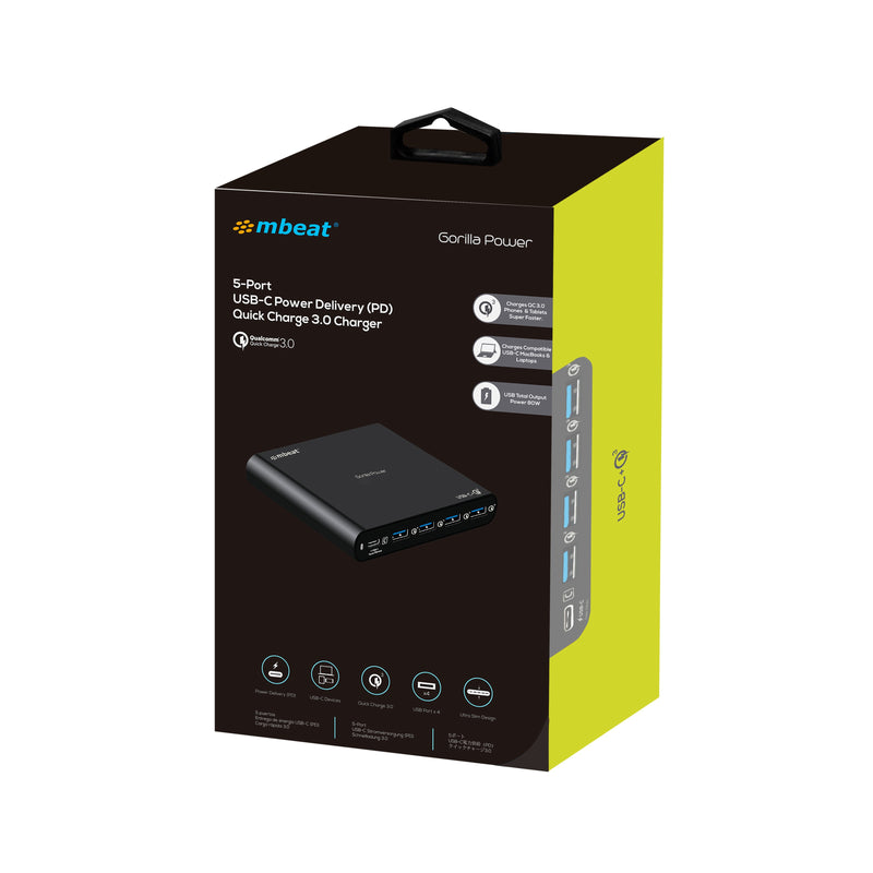 USB-C Power Delivery and 4 USB-A Quick Charge 3.0 Compact Charger