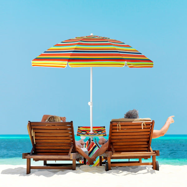 Beach Umbrella with Cup Holder Table and Sandbag for Beach Patio Multicolour