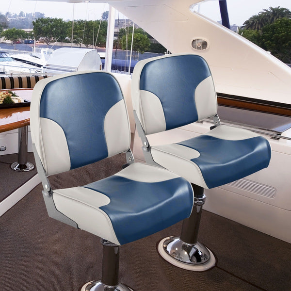 2 Piece Low Back Boat Seat Set Sponge Padding and Aluminum Hinges Blue