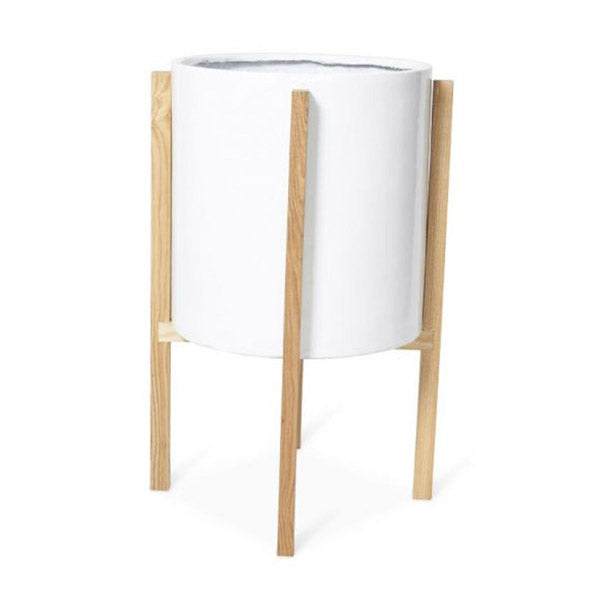 Round Concrete Planter White With Wooden Oak Stand 435Mm