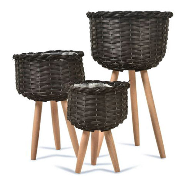 3 Piece Woven Planters Set Black With Legs