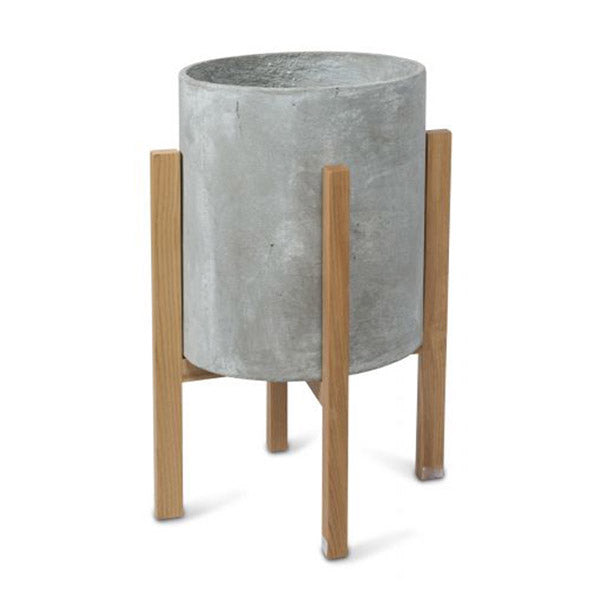Round Concrete Planter Grey On Wooden Oak Stand