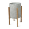 Round Concrete Planter Grey With Wooden Oak Stand