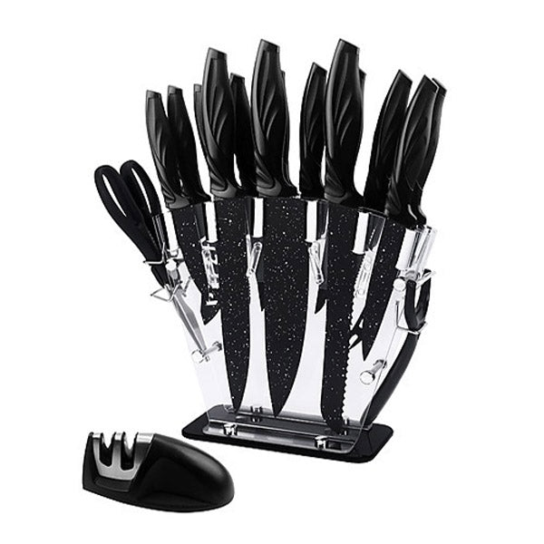 Kitchen 17 Pc Knife Set With Block And Sharpener Bread Steak Knives