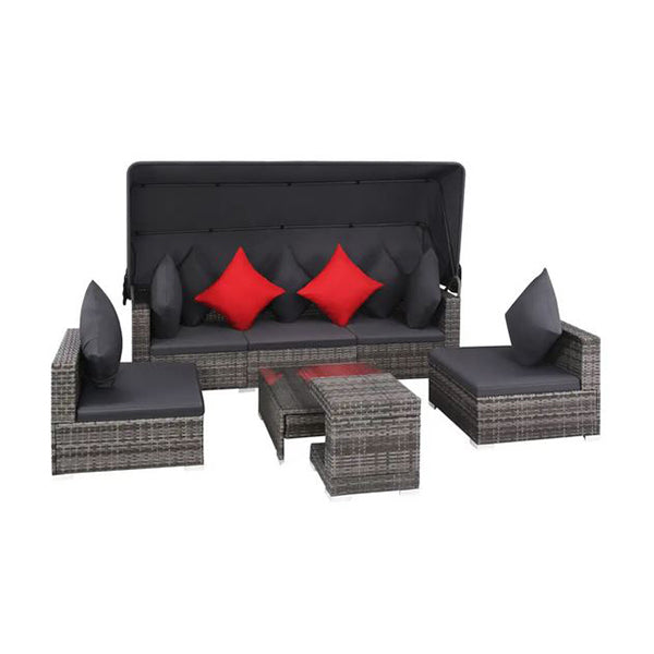 7 Piece Garden Lounge Set With Cushions And Canopy Poly Rattan Grey