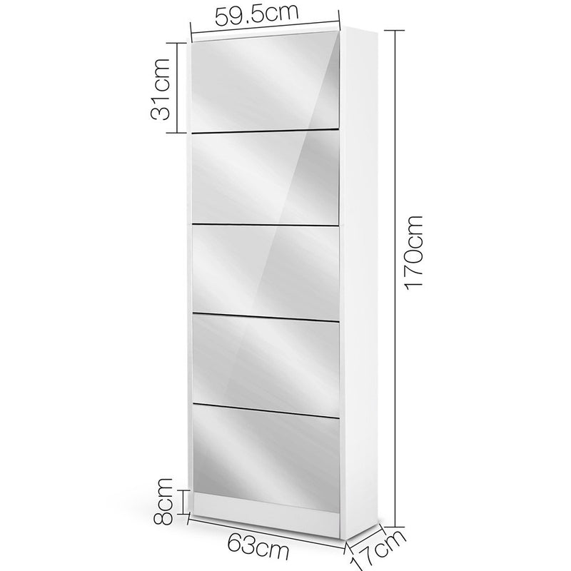 Mirrored Shoe Cabinet Storage 5 Drawers Shelf White