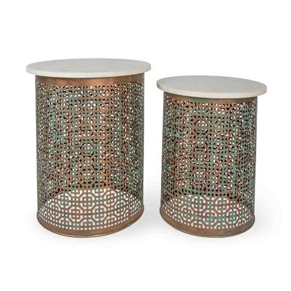 2 Piece Round Iron Side Table Set With Marble Top Gold And White