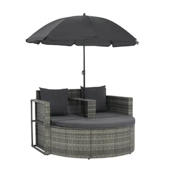 2 Seater Garden Sofa With Cushions And Parasol Grey Poly Rattan