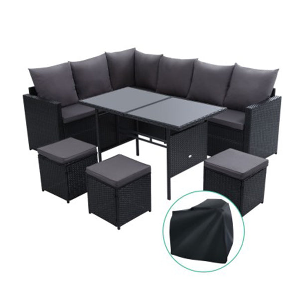 Outdoor Furniture Dining Sofa Set Wicker 9 Seater Storage Cover
