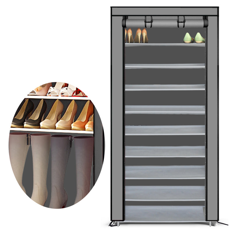 10 Tier Shoe Rack Portable Storage Cabinet Organiser Wardrobe Grey Cover