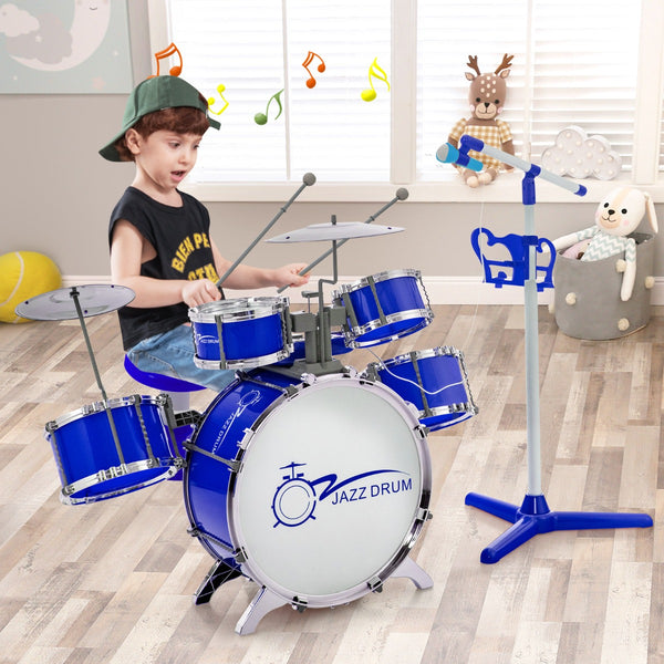 Kids Drum Keyboard Set with Stool and Microphone Stand Blue